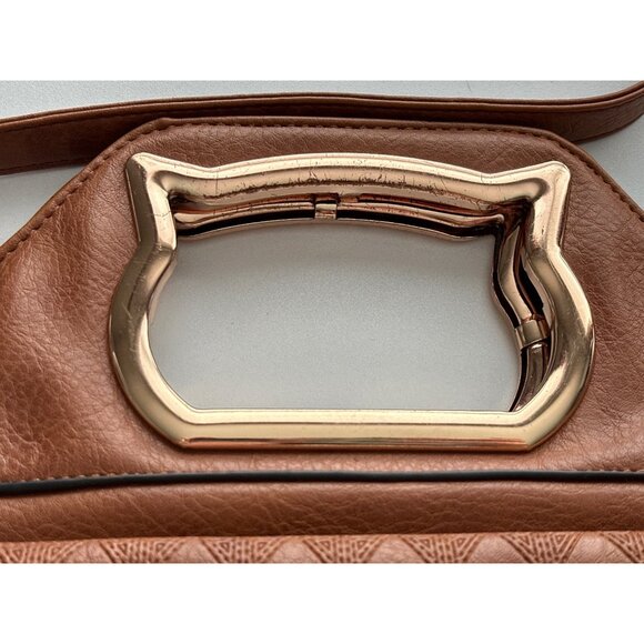 OOH Brown Multi Way Handbag Gold Cat Cutout Handle Perforated Faux Leather - Picture 4 of 8